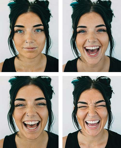Quatro variações de fotografia de mulher com expressão facial diferente