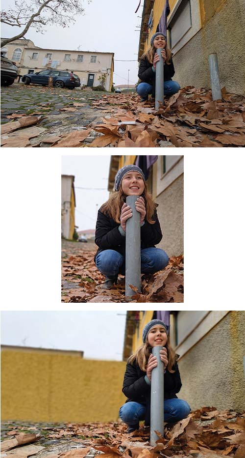 Três versões de fotografia de criança na rua com enquadramento diferente