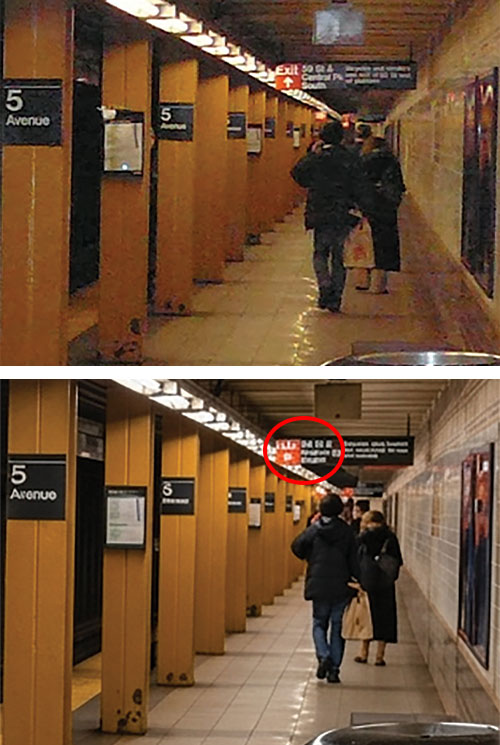 Duas versões da mesma fotografia de estação de metro, com e sem afinação da nitidez com recurso a inteligência artificial