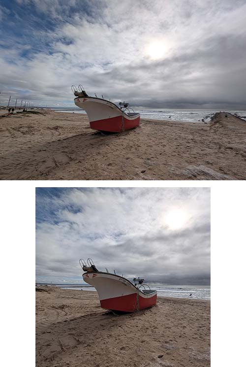 Duas versões de fotografia de barco com crop (recorte) diferente