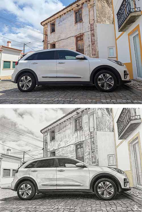Duas versões de imagem de automóvel numa zona histórica, uma em formato de fotografia e outra em formato de desenho