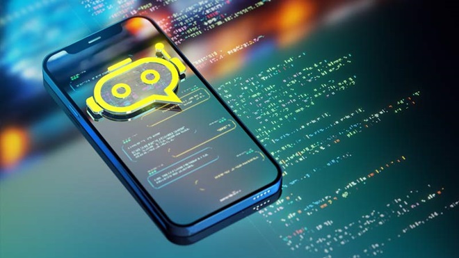 Telemóvel com ícone de chat de inteligência artificial por cima a amarelo; fundo tecnológico