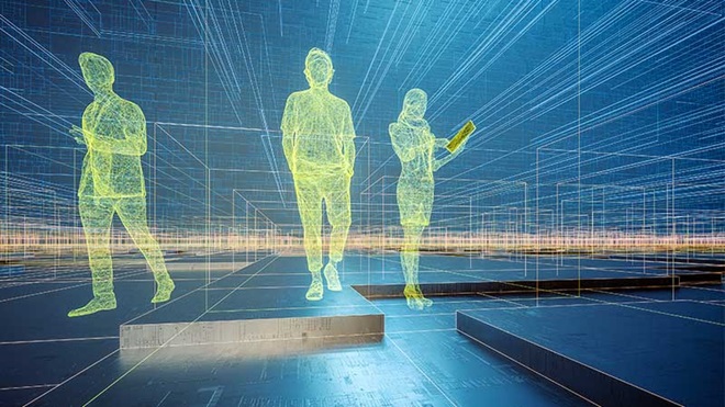 Pessoas em wire-frame em ambiente realidade virtual