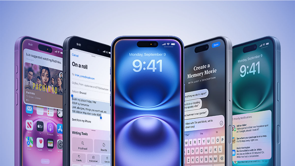Cinco Apple iPhone 16, de frente, sobre fundo arroxeado