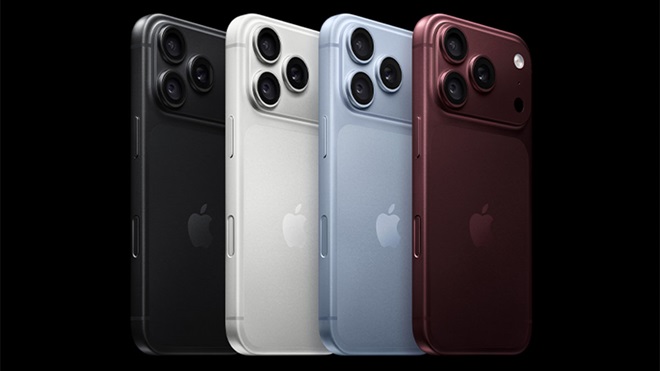 Quatro Apple iPhone 18 Pro de várias cores, sobre fundo preto 