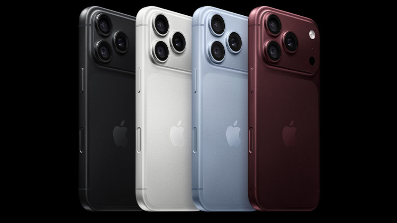 Quatro Apple iPhone 18 Pro de várias cores, sobre fundo preto 