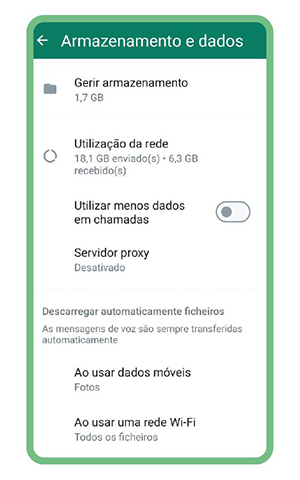 Na barra superior, aceda a Definições > Armazenamento e dados. Se tocar em Gerir armazenamento, pode ver as conversas ou os grupos que mobilizam mais dados.