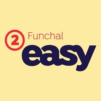 Logo da empresa 2 Easy Funchal, a preto e vermelho com fundo amarelo.