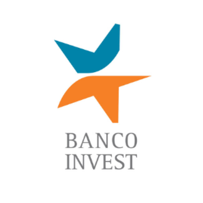 Logo do Banco Invest a azul e laranja em fundo branco.