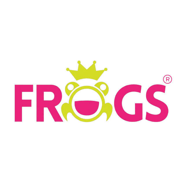 Logótipo da empresa de mediação imobiliária Frogs, rosa e verde claro.