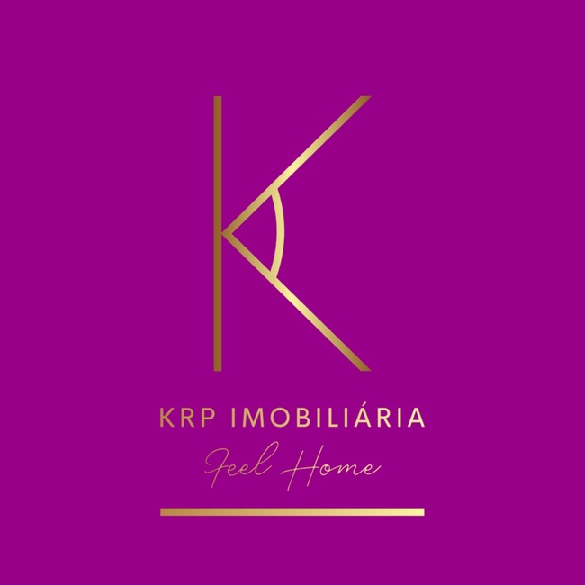 Logo da KRP Imobiliária, com letras douradas em fundo roxo.