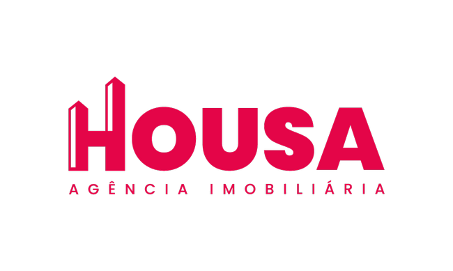 Logo da empresa Housa, com letras cor de rosa em fundo branco.