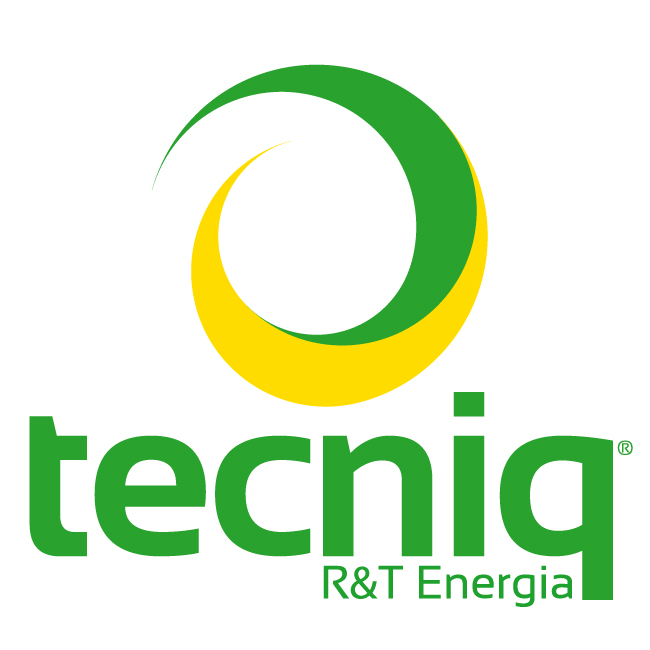Logo da empres Tecniq a verde e amarelo em fundo branco.