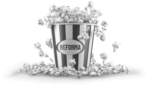 Balde de pipocas vemelho e branco, com a palavra "Reforma" escrita à frente. É a imagem de marca do simulador PPR da DECO PROTeste.