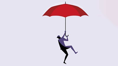 homem a descer com guarda chuva